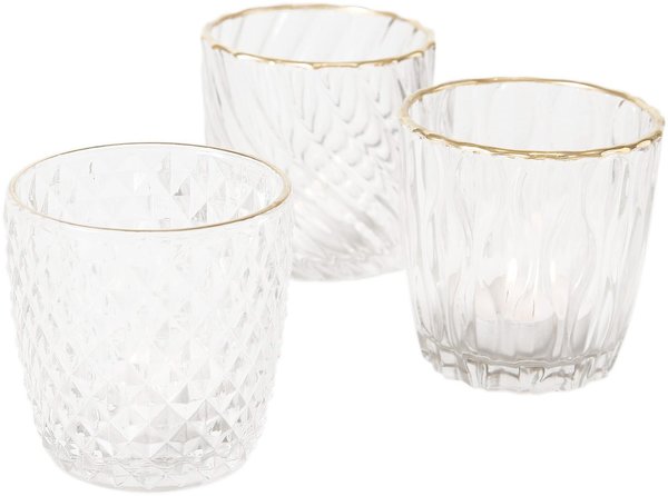 Teelichtglas Adore 3 er Set| Klar-Gold | H. 9 x D. 9 cm [mieten]